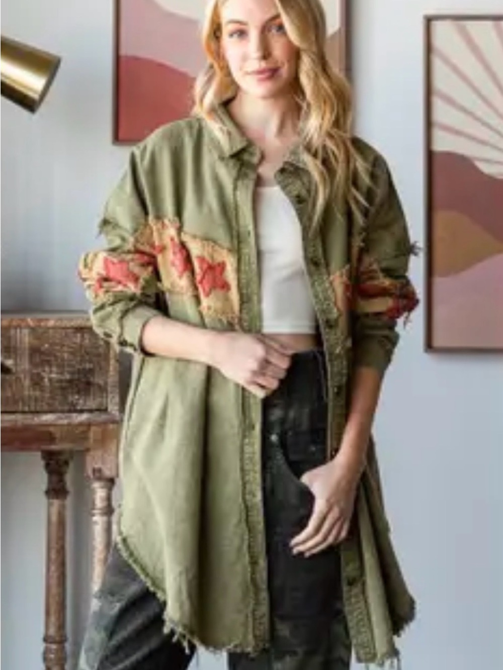 Oli & Hali Embroidered‎ Star Shacket Olive Green Boho Oversized Tunic Button Up